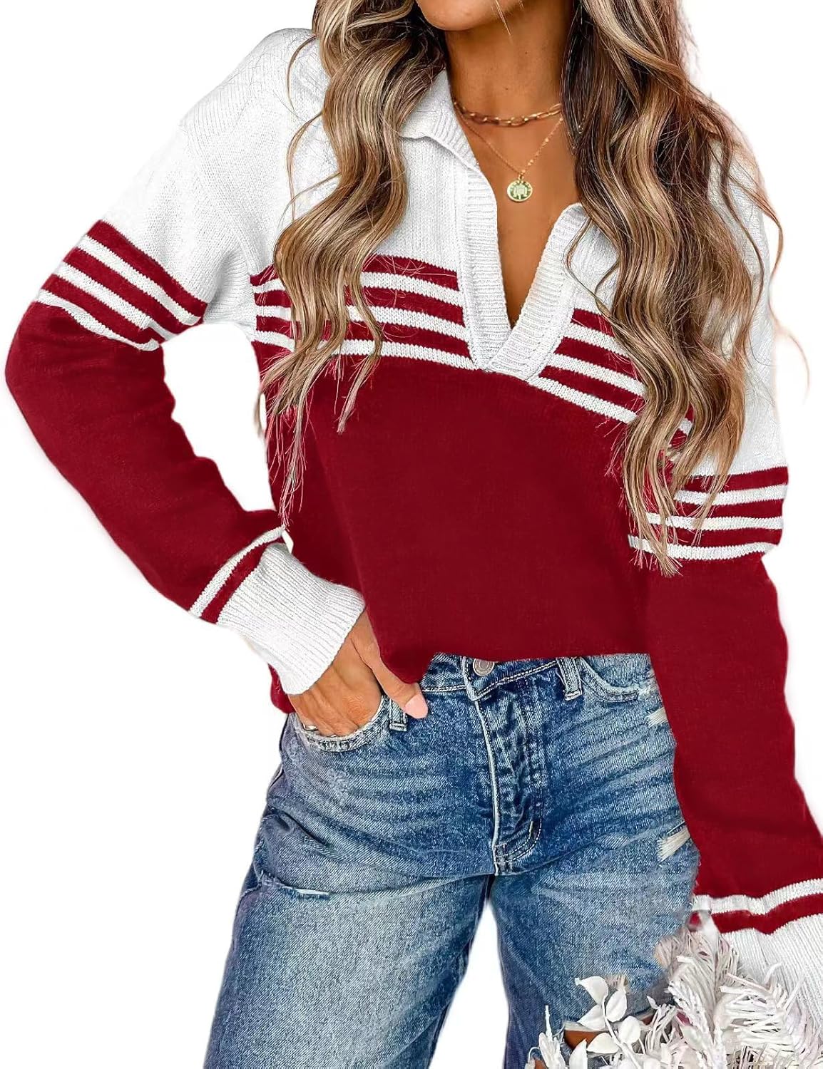 CiCiBird Women Fall V Neck Sweater Color Block Casual Pullover