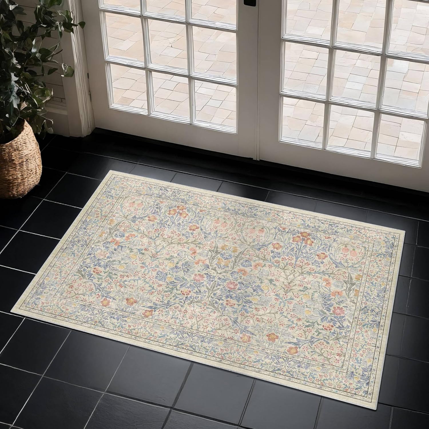 Washable Entry Rug - Vintage Floral Design for Home Decor