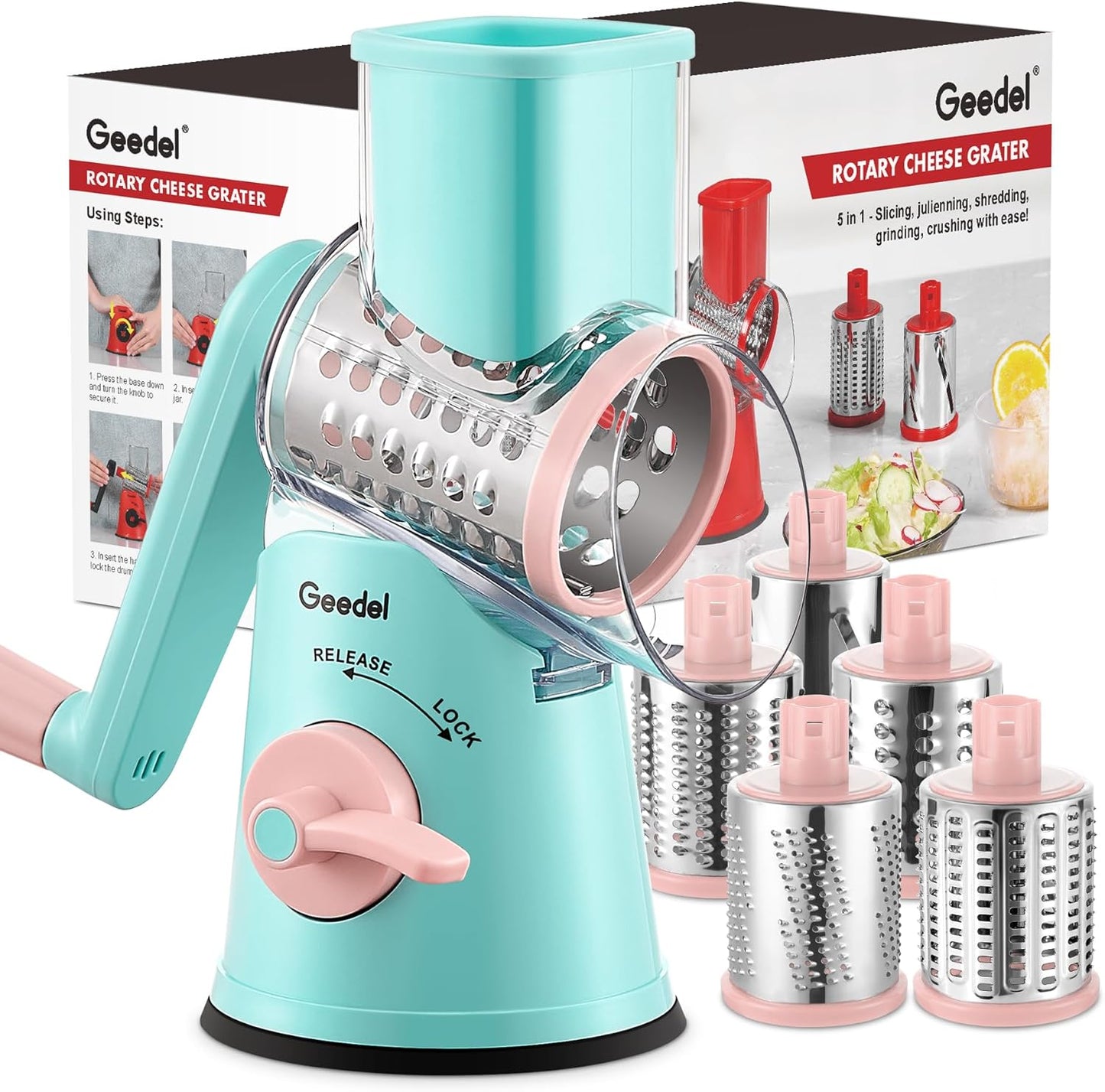 Geedel Rotary Cheese Grater - Upgraded 5-in-1 Kitchen Tool