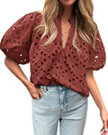 Womens Casual Summer Blouse Hollow Out Eyelet Embroidery - Boho V Neck