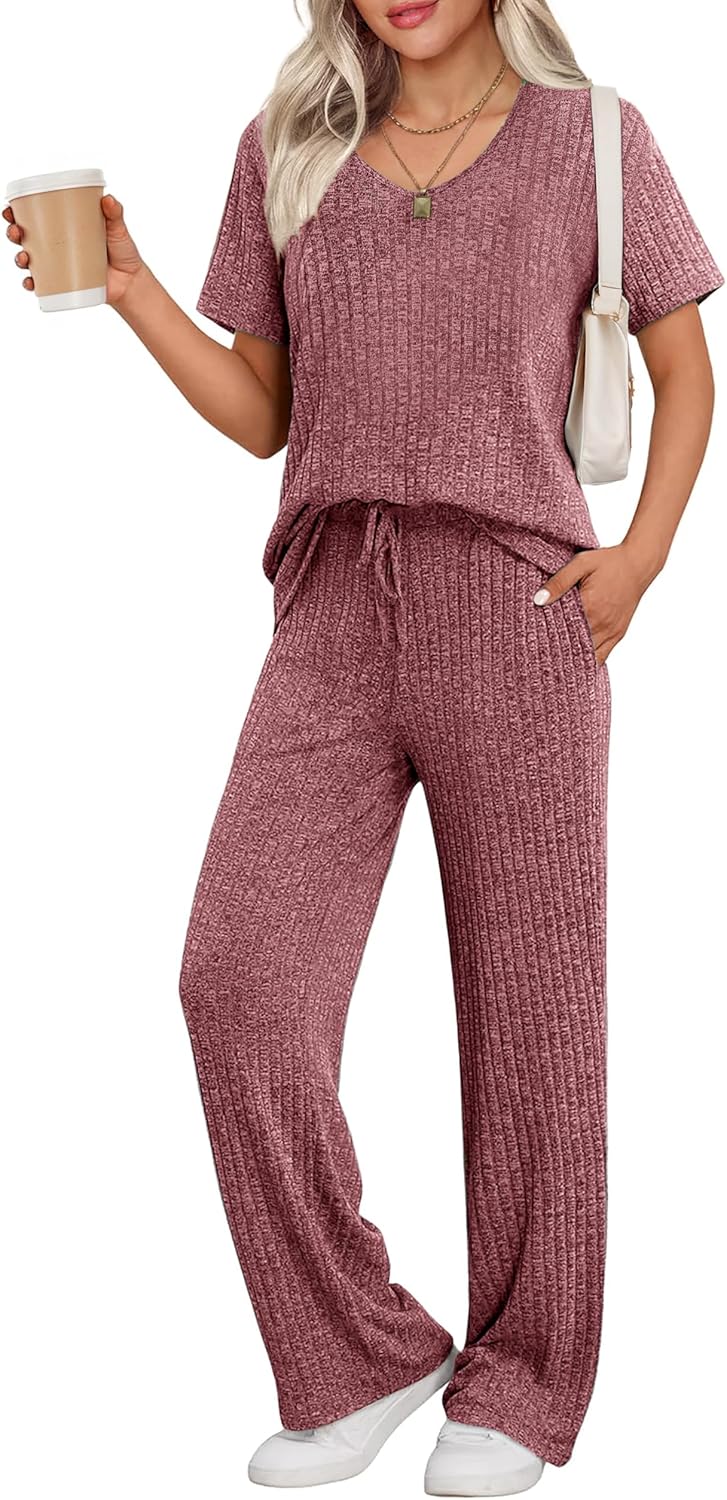 Ekouaer Womens Ribbed Knit Lounge Set for Cozy Sleepwear