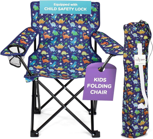 Playful Dinosaurs Folding Kids Chair - Safety Lock, Cup Holder, Carry Case