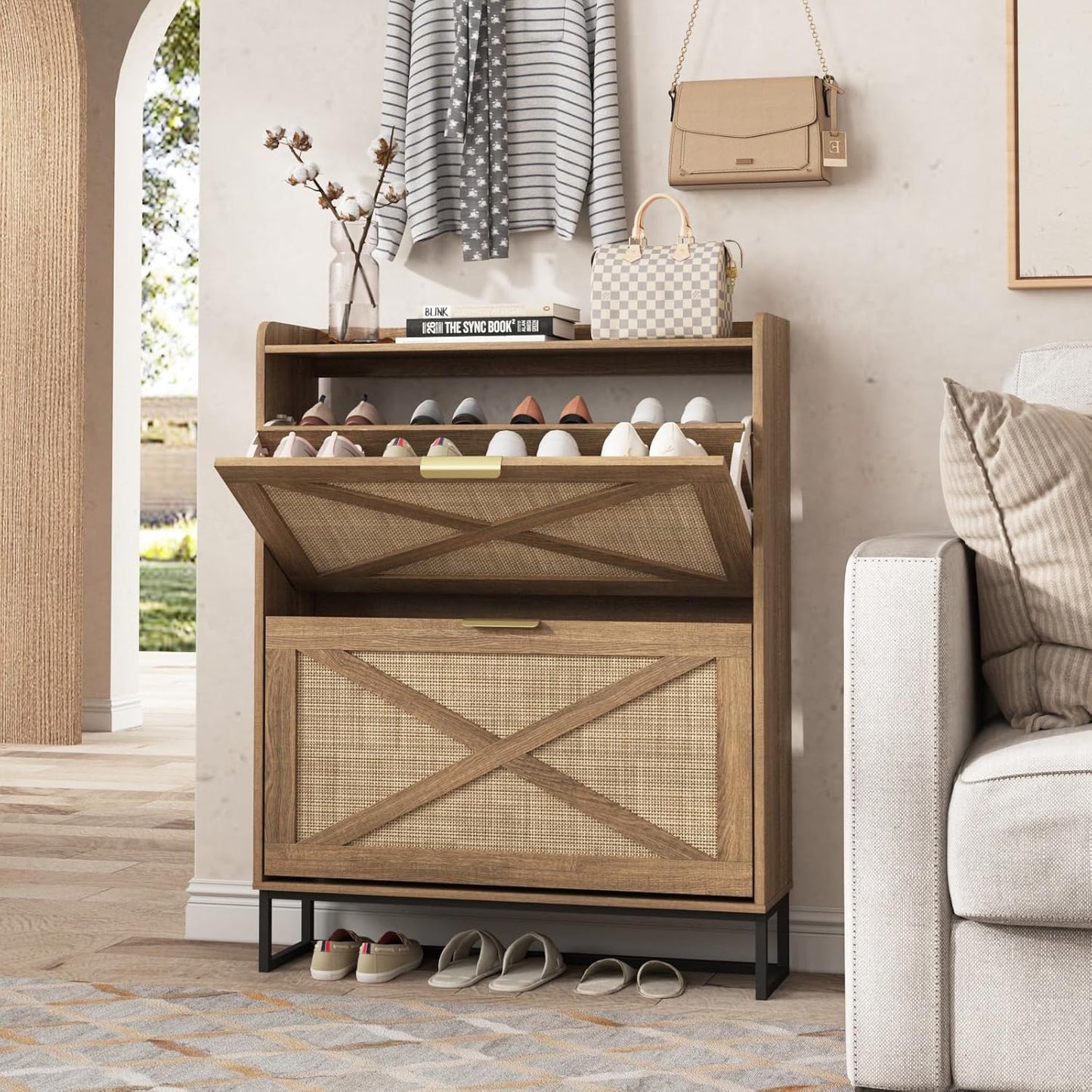 Maupvit Shoe Storage Cabinet with Rattan Flip Drawers for Entryway