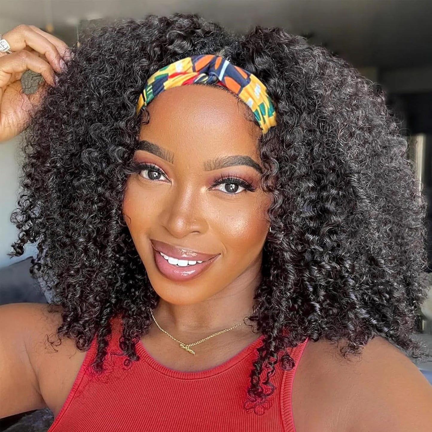 XSY Headband Wig Human Hair Kinky Curly 16 Inch Glueless Wig