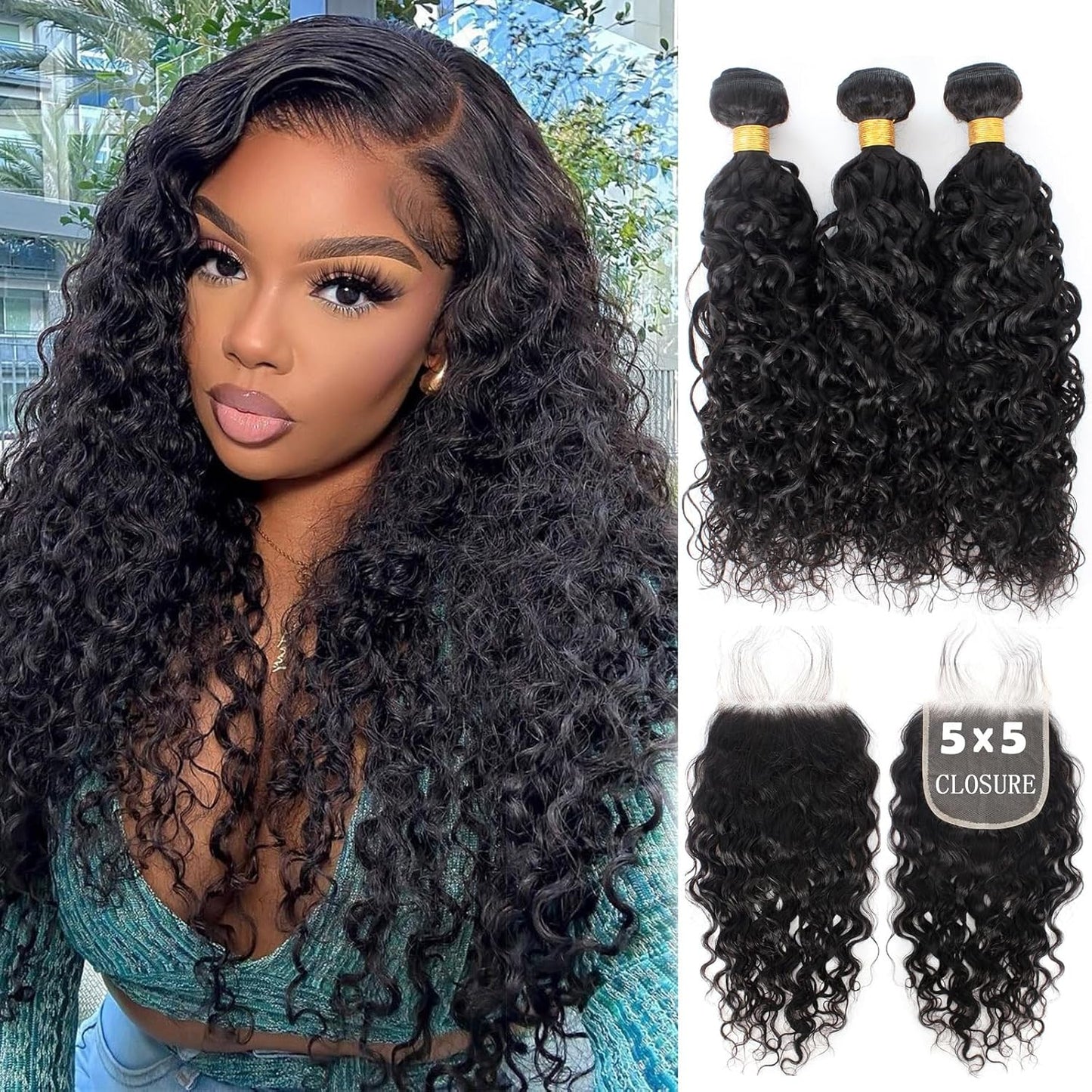 12A Water Wave Human Hair Bundles with 5x5 Lace Closure