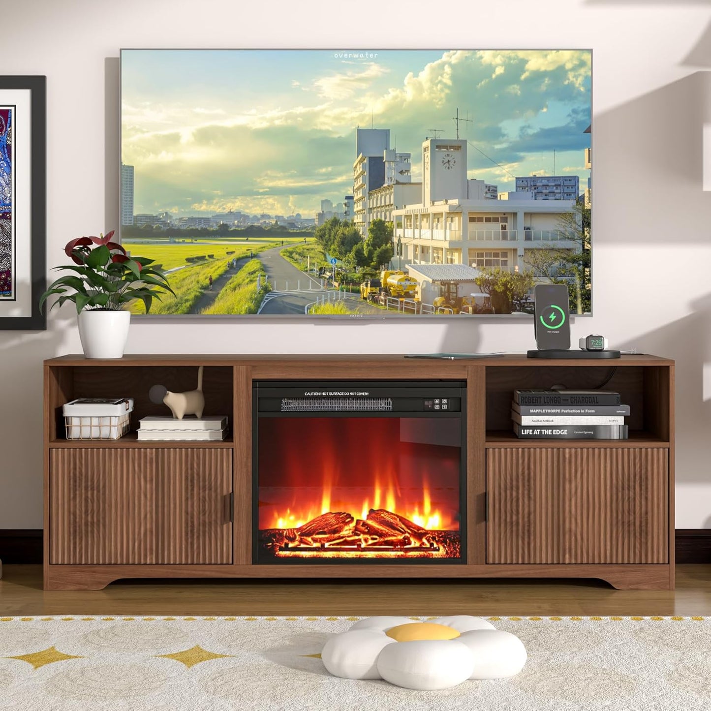 Mid-Century Modern Fireplace TV Stand - Fits 80 TVs - Adjustable Shelf