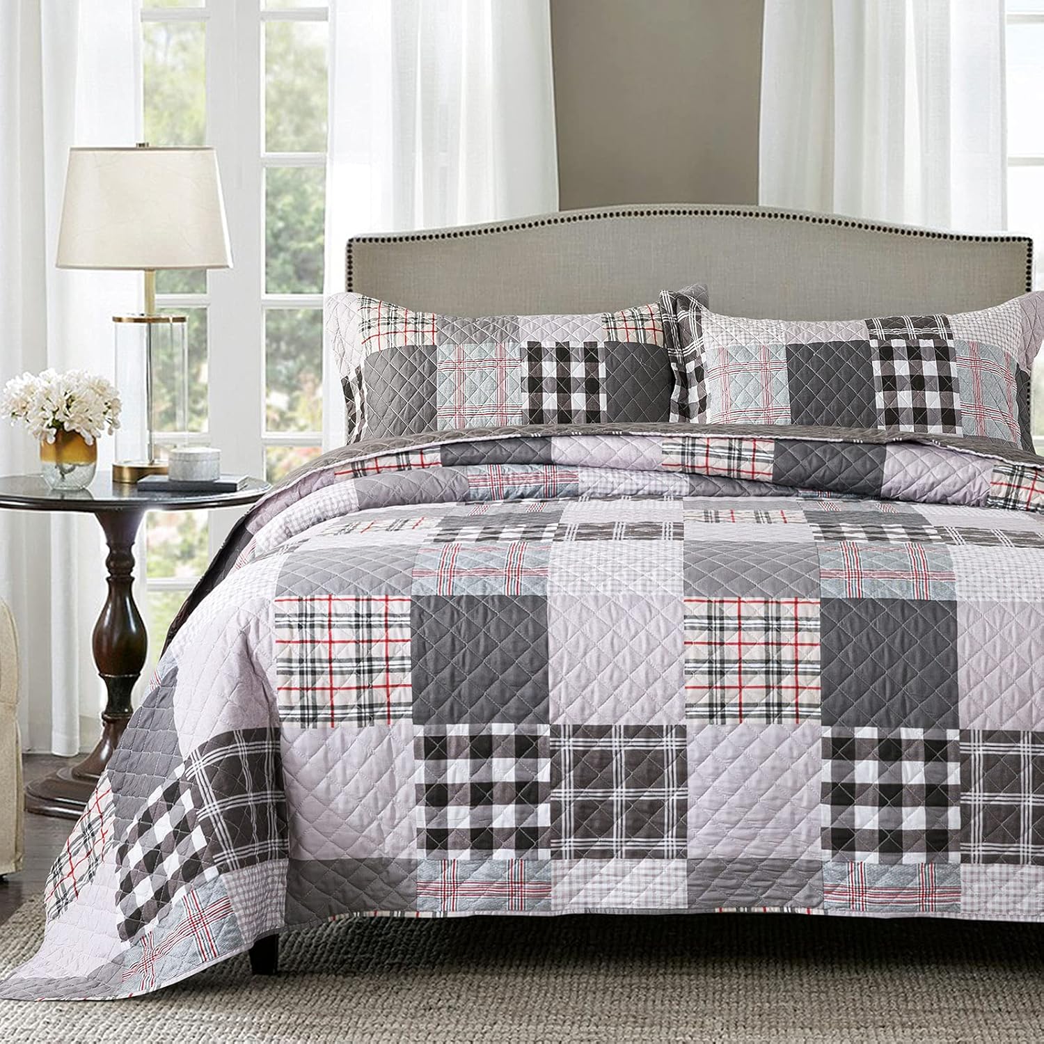 Travan Quilt Set 3-Piece Oversized Bedspread Coverlet Set Grey