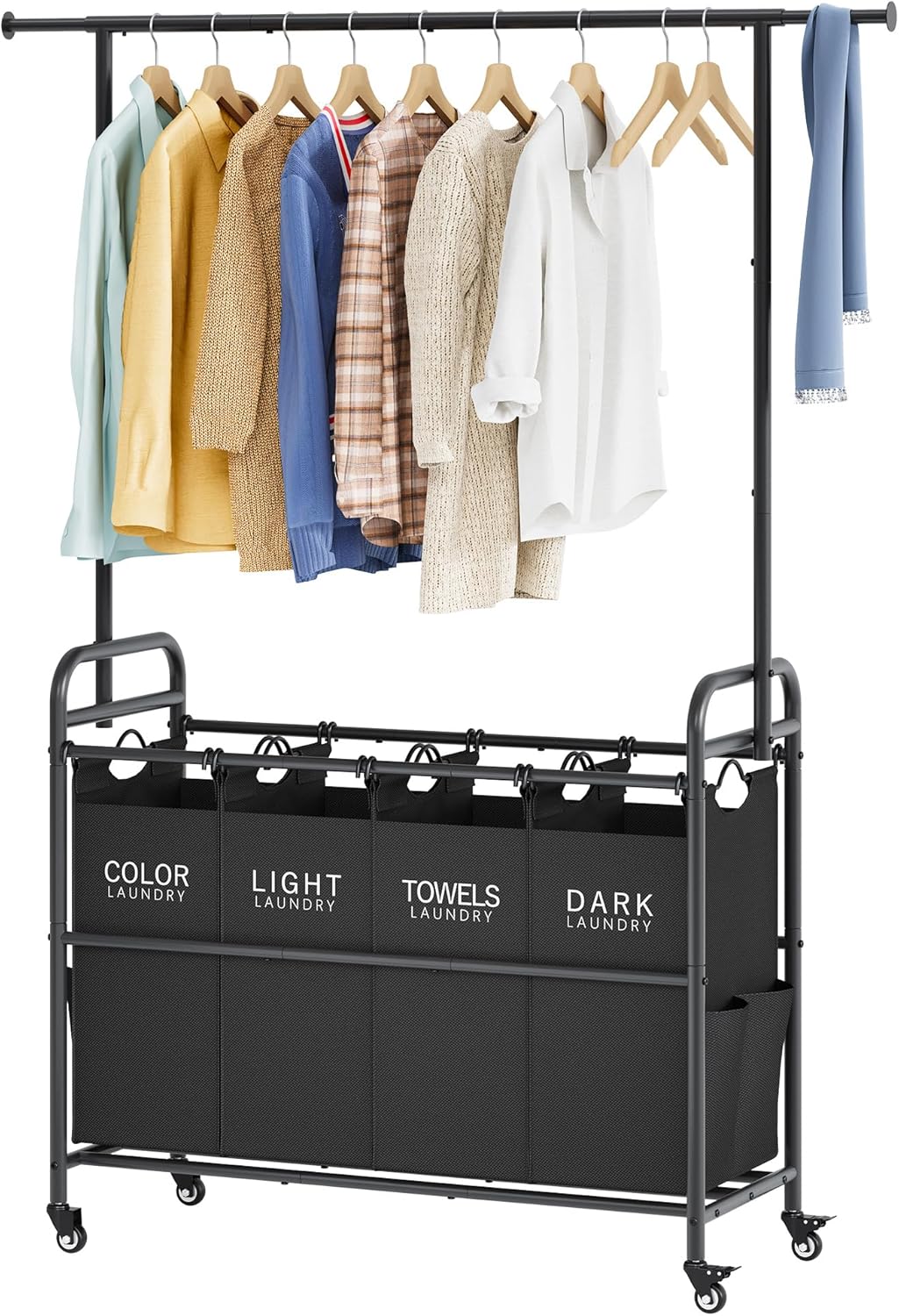 Tajsoon Laundry Sorter Cart with Hanging Rack and Wheels