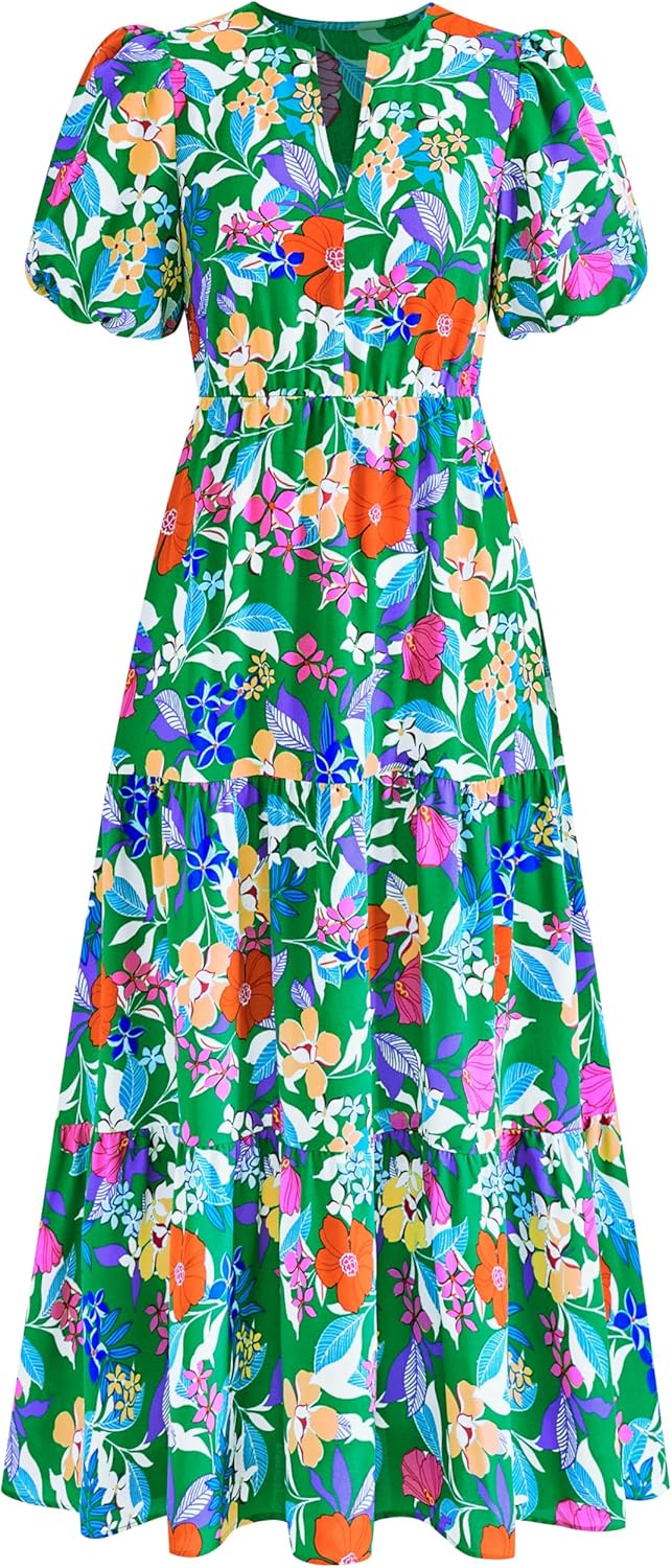 Dowerme Womens Summer Casual Puff Sleeve Floral Maxi Dress