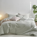 Striped Duvet Cover Set 100% Washed Cotton - Sage Green White King