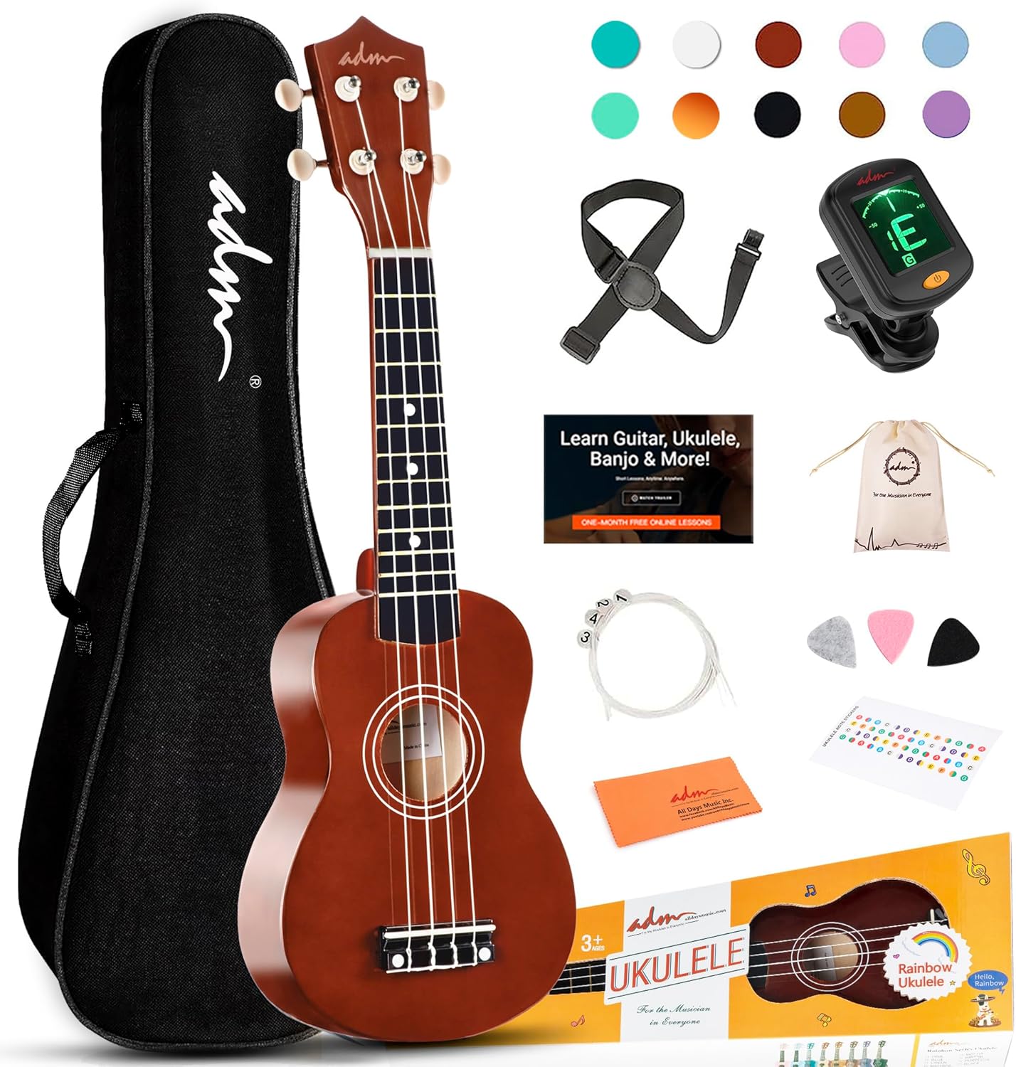 ADM Ukulele for Beginners - 21 Inch Hawaiian Wood Kit Bundle