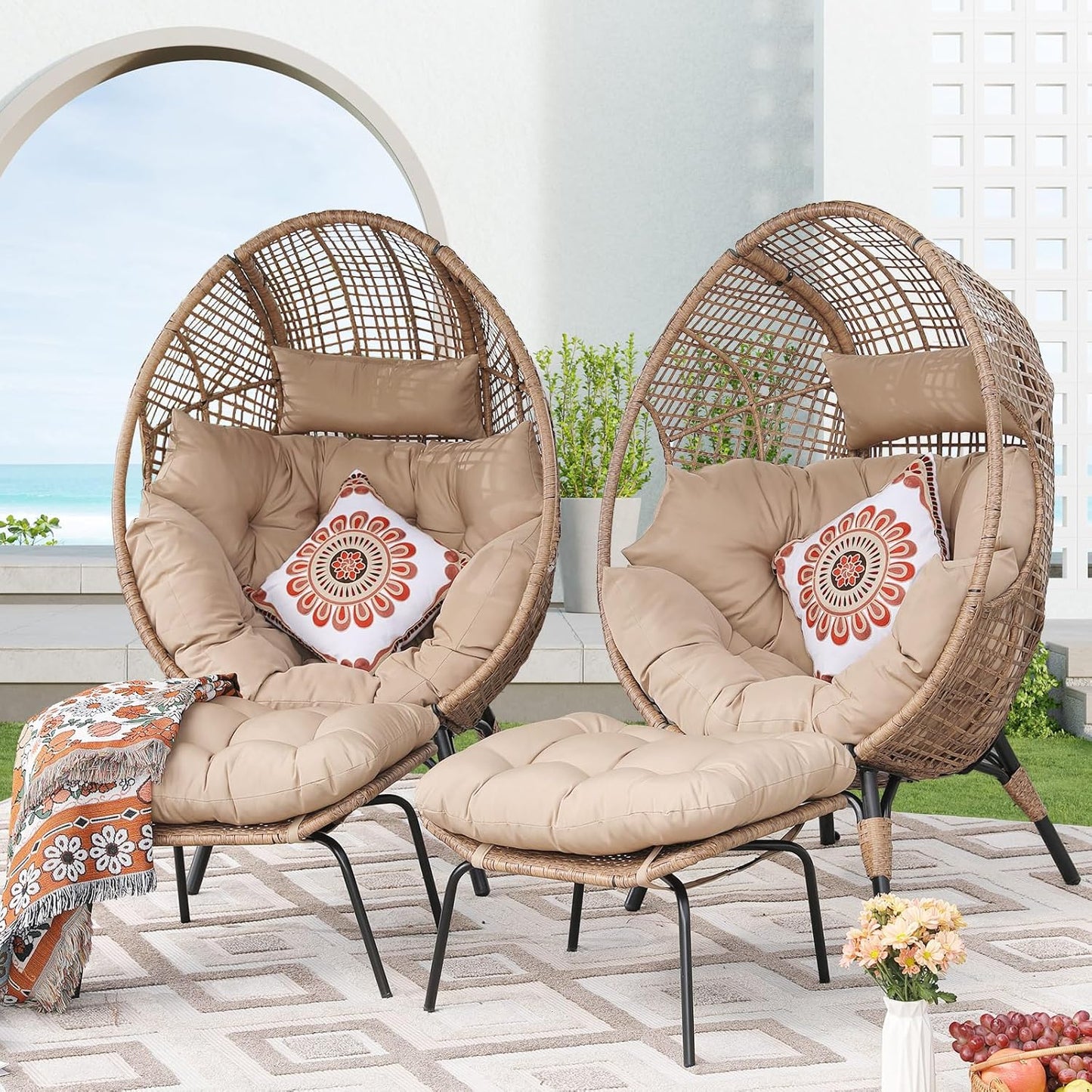 NICESOUL Wicker Egg Chair with Ottoman for Indoor Outdoor Use