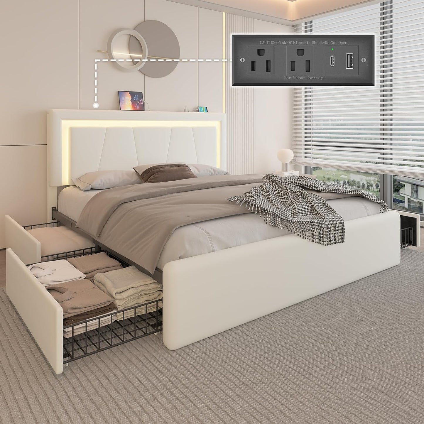 Queen Size Bed Frame with Storage Drawers and LED Lights