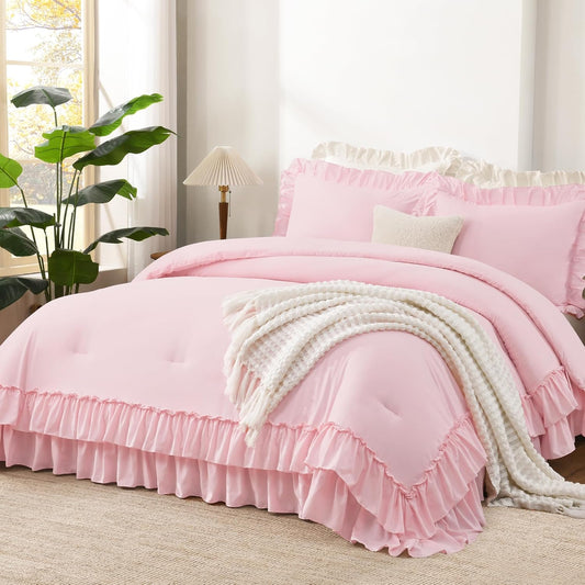 Andency Pink Ruffle Comforter Full Set for Chic Bedroom Decor
