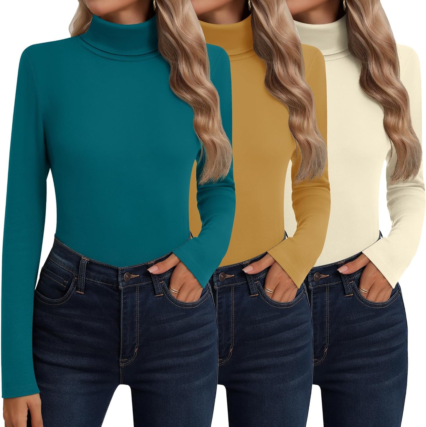 Neer 3 Pack Cotton Women's Turtleneck Long Sleeve Tops