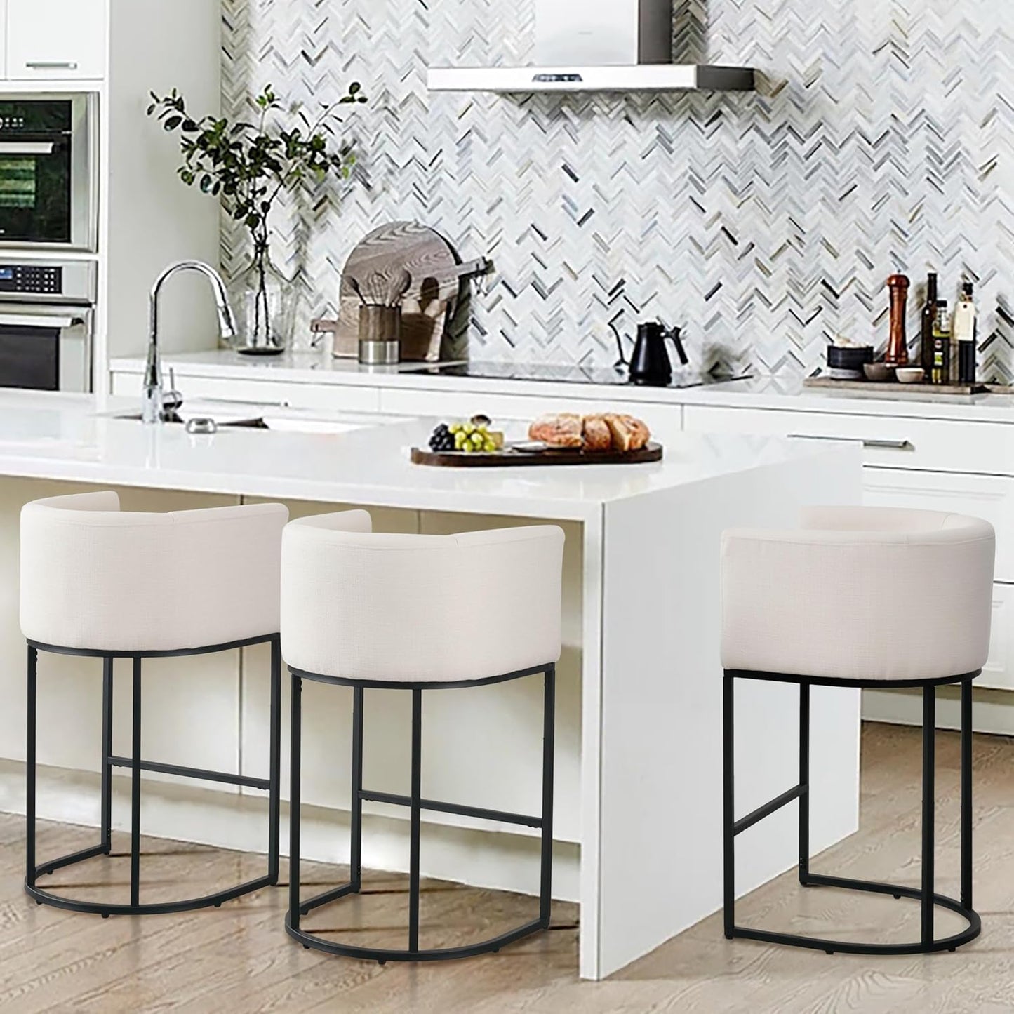 Contemporary Cream Linen Bar Stools Set of 3 by RIVOVA