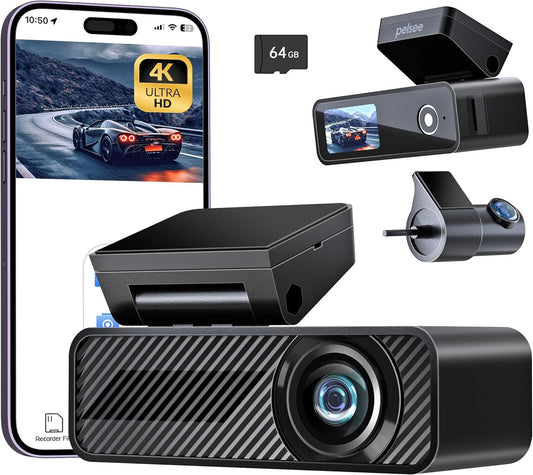 Pelsee 4K Duo Dash Cam: Front/Rear, 64GB SD, Wi-Fi, Voice Control
