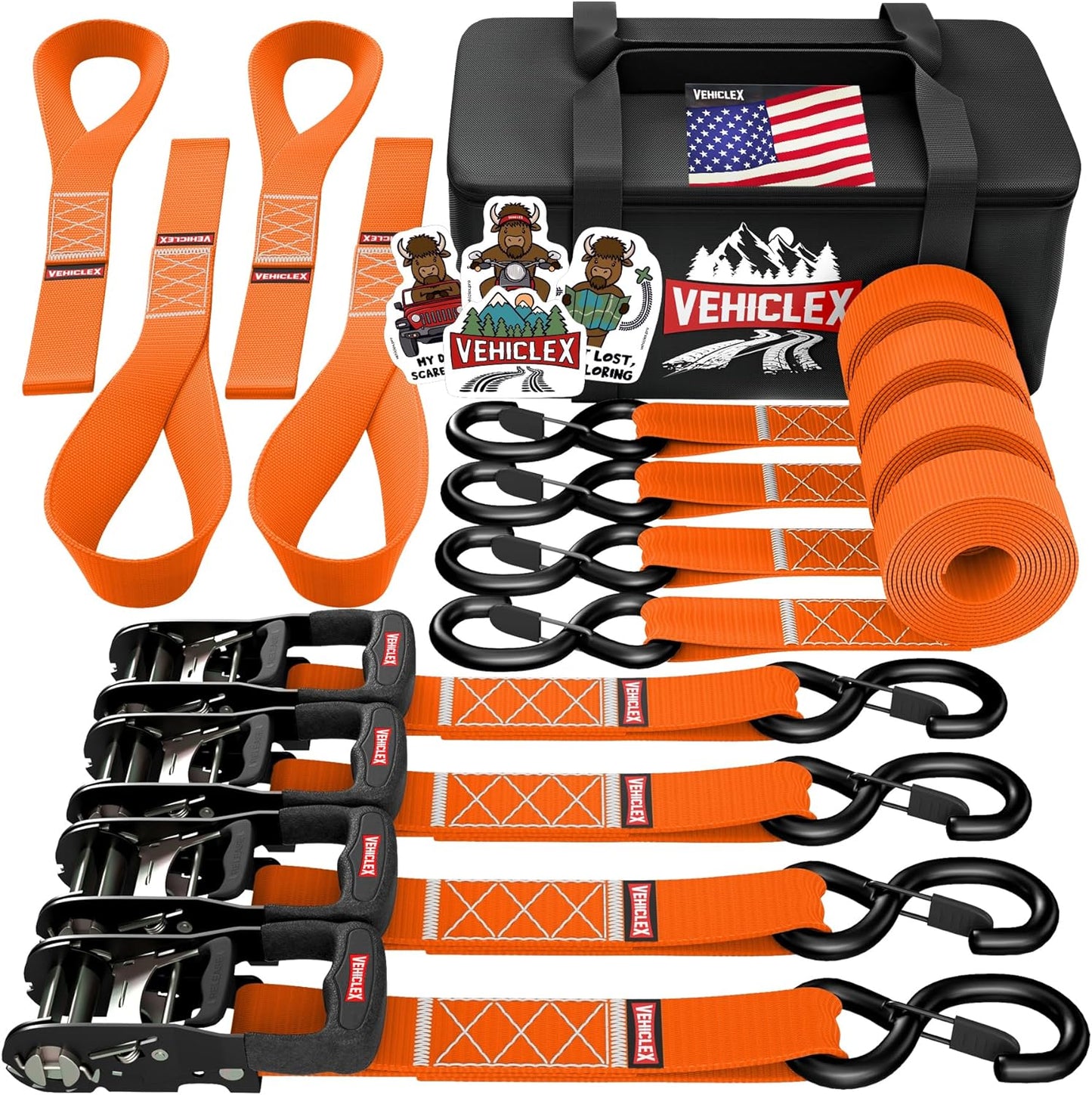 Vehiclex Motorcycle Ratchet Tie Down Straps - Heavy Duty 4PK