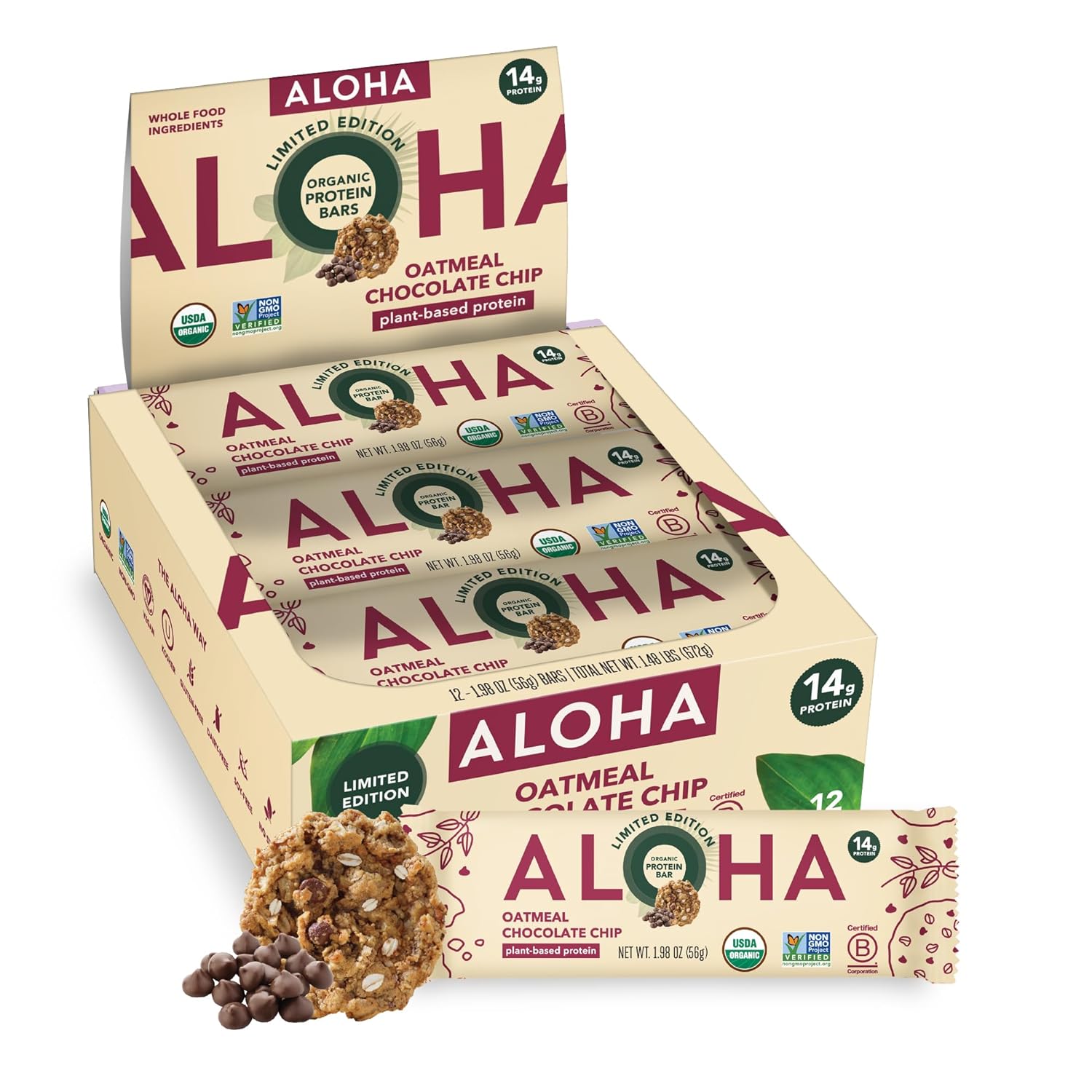 ALOHA Organic Plant Based Protein Bars - Oatmeal Chocolate Chip
