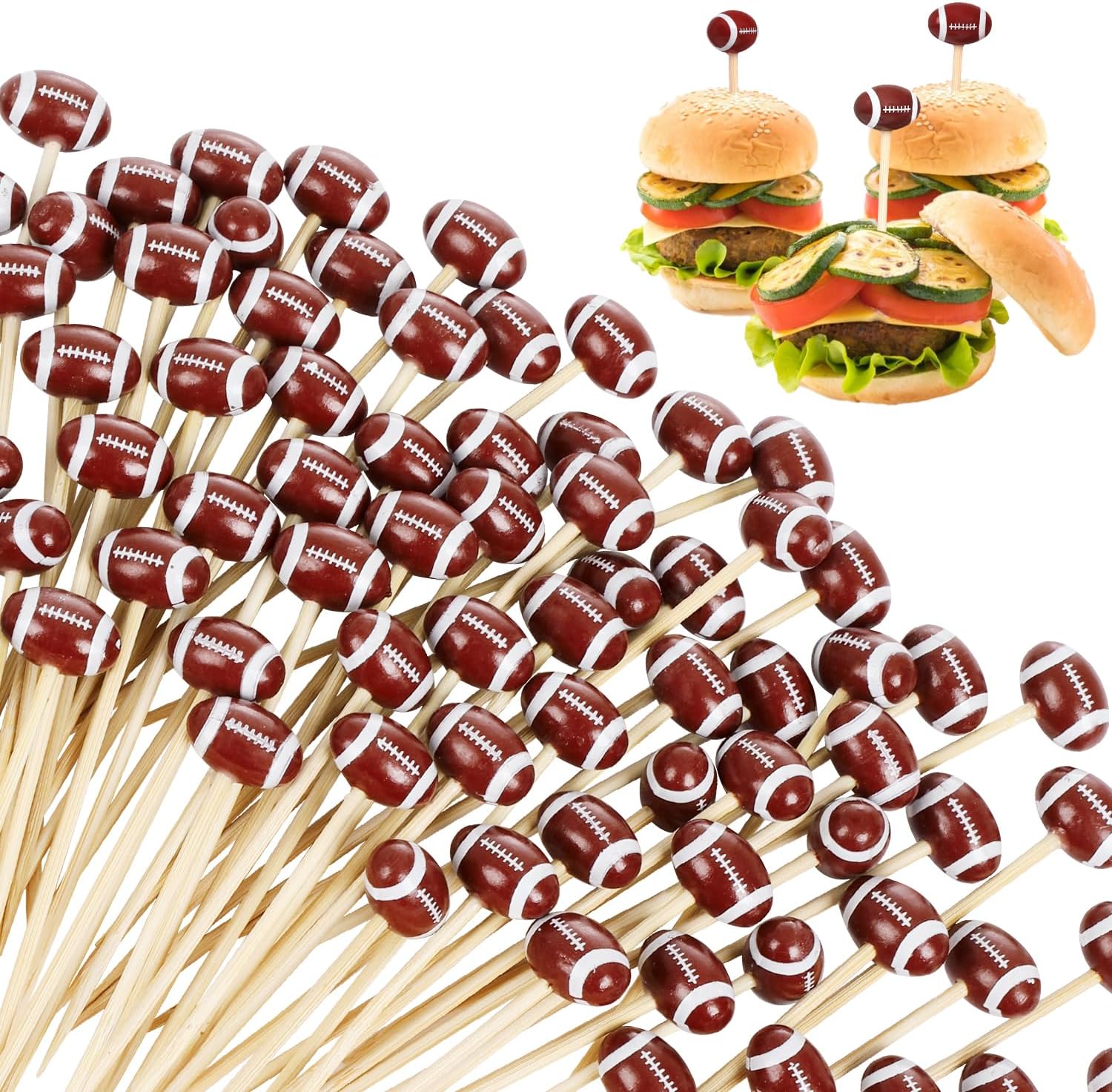 100 Bamboo Football Cocktail Picks - Decorative Sports Skewers by FULJOOY