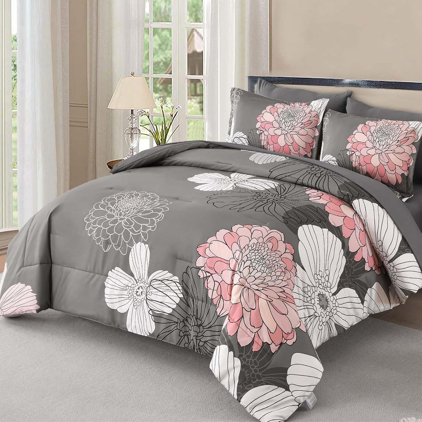 Yiran Grey Pink Comforter Queen Size 7 Pieces Floral Set