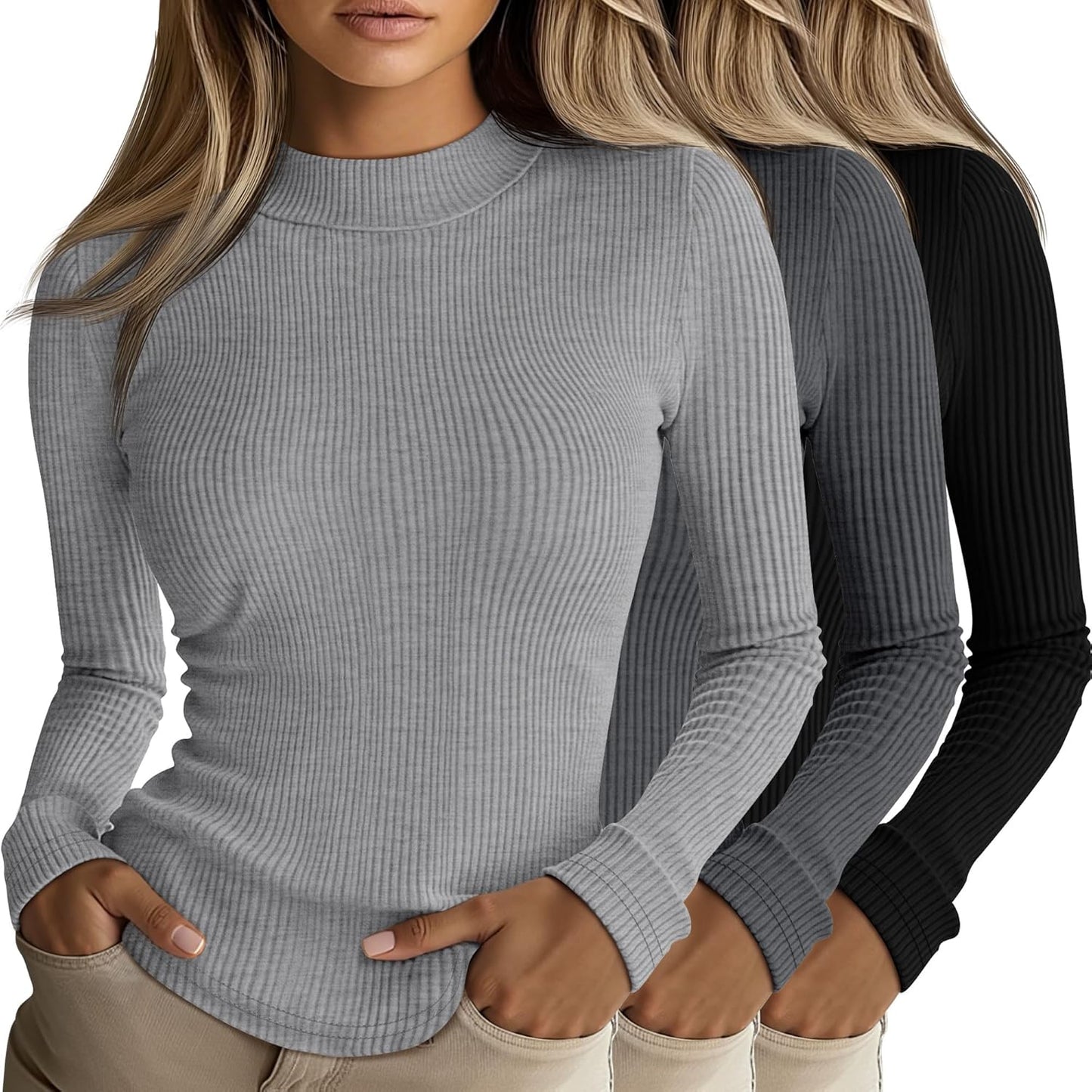 Riyiper Women's Ribbed Mock Turtleneck Long Sleeve Tops
