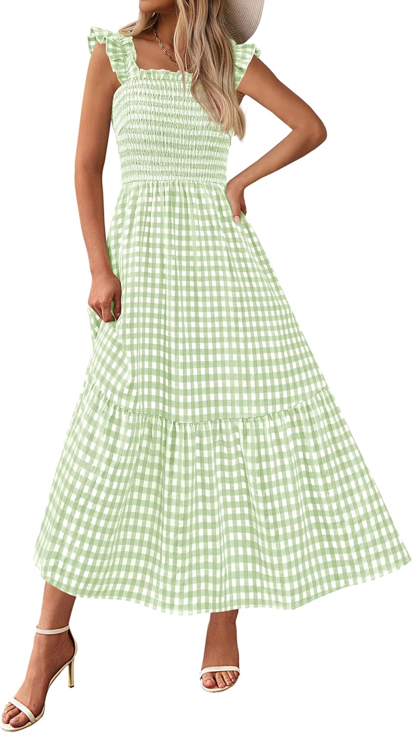 PRETTYGARDEN Womens Summer Dress Casual Square Neck Ruffle Strap