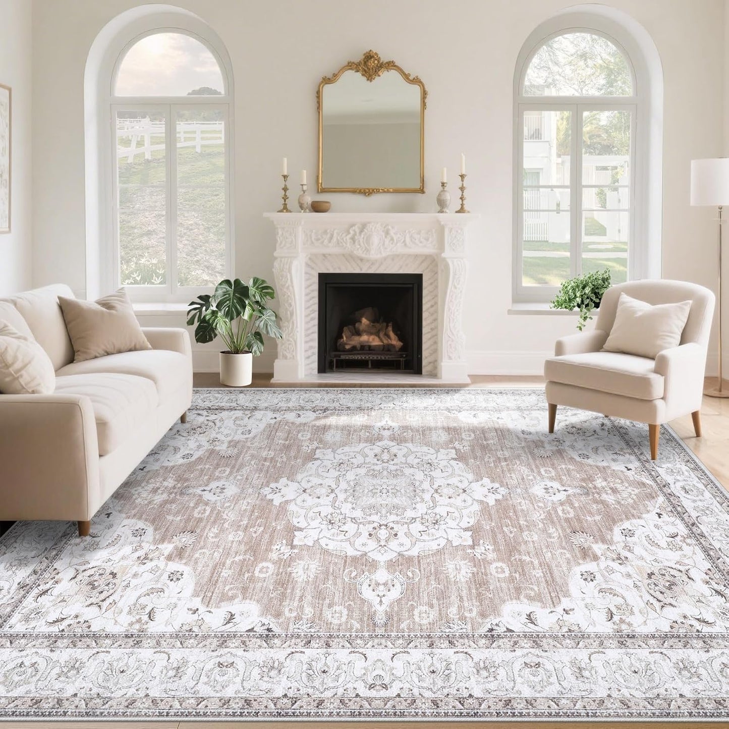 Vintage Living Room Area Rug - 9x12 Soft Non-Slip Boho Design