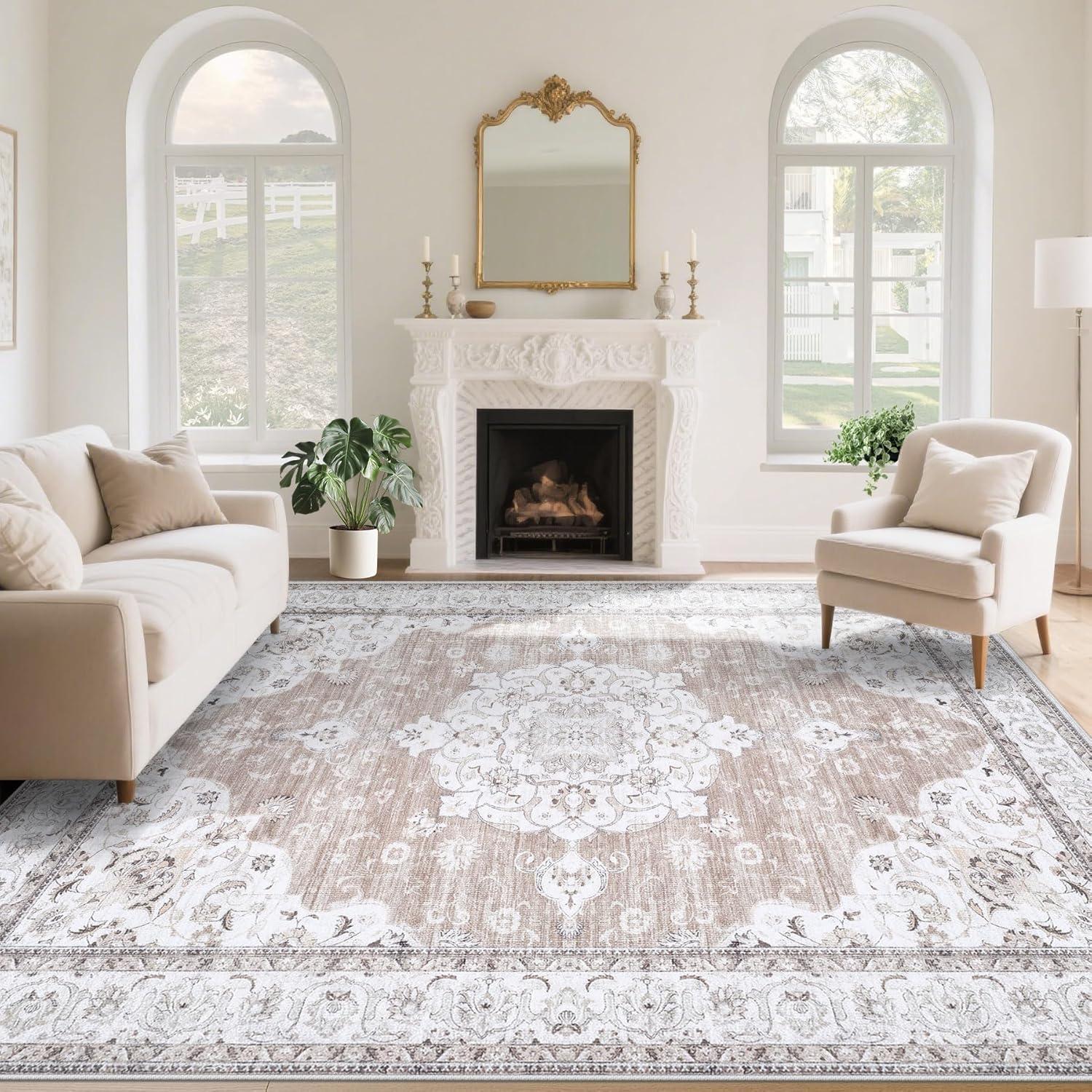 Vintage Living Room Area Rug - 9x12 Soft Non-Slip Boho Design