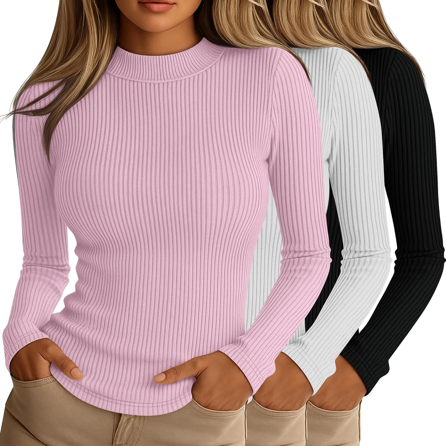 Riyiper 3 Pack Women's Mock Turtleneck Long Sleeve Tops