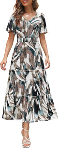 Womens Long Summer Smocked Tiered Maxi Dress - Flowy Boho Fit