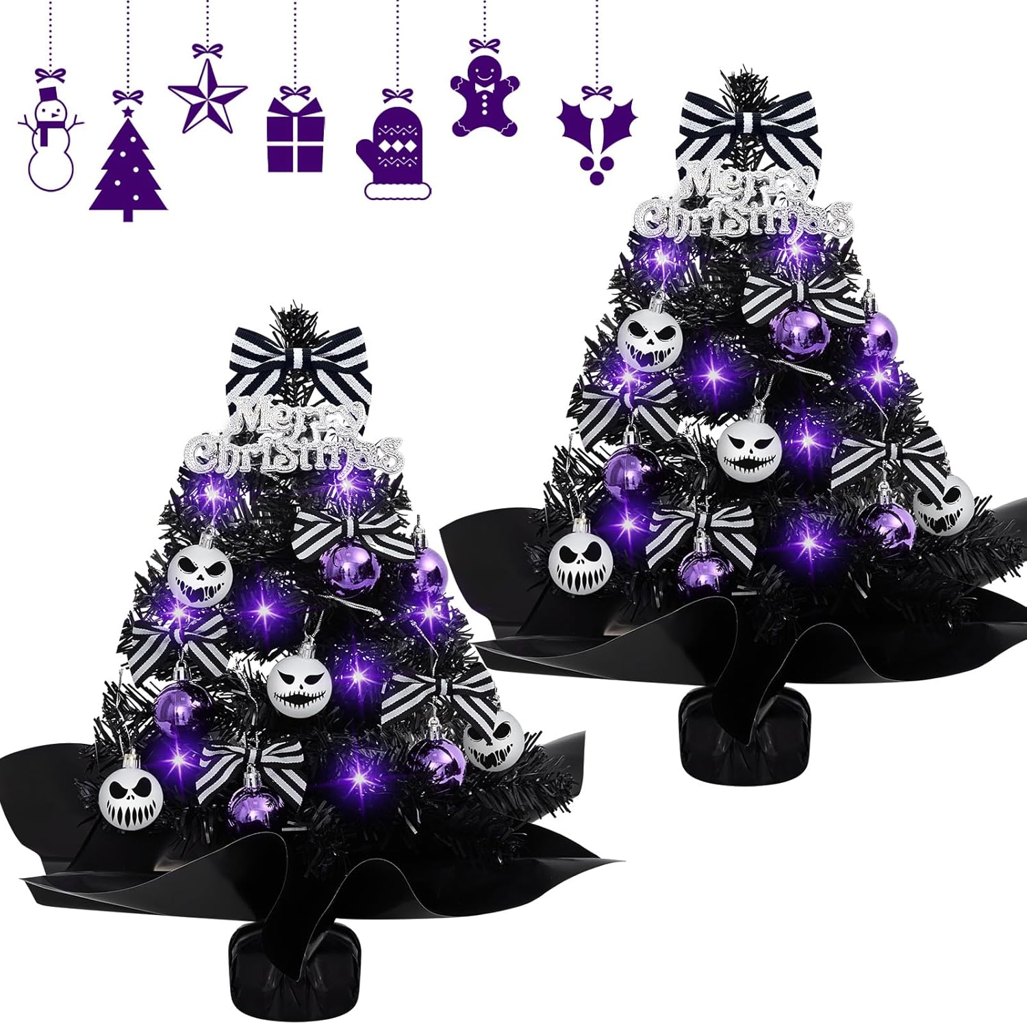 Mini Black Christmas Tree Set with Lights for Holiday Decor