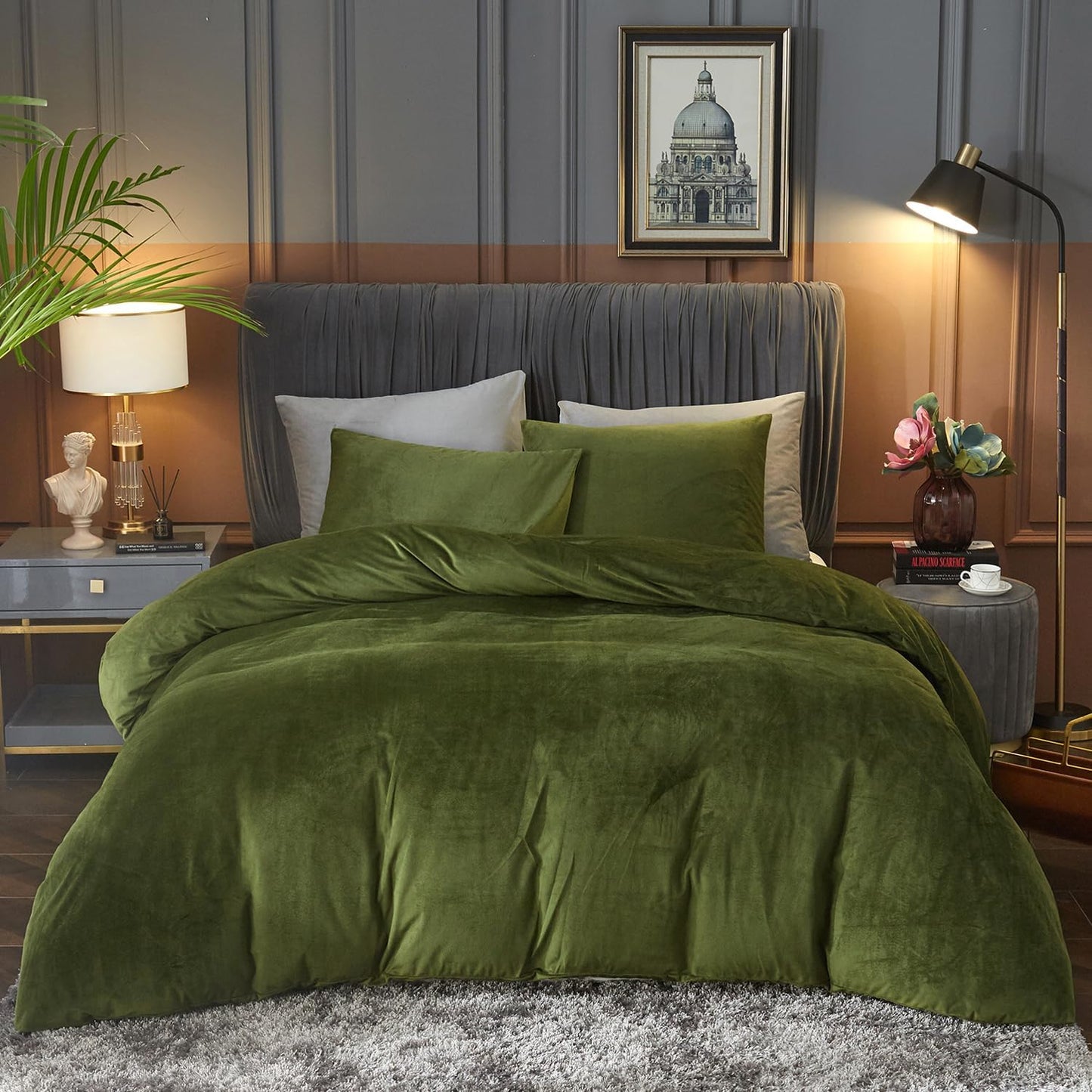 Ivellow Velvet Duvet Cover Queen Set in Sage Green for Luxury