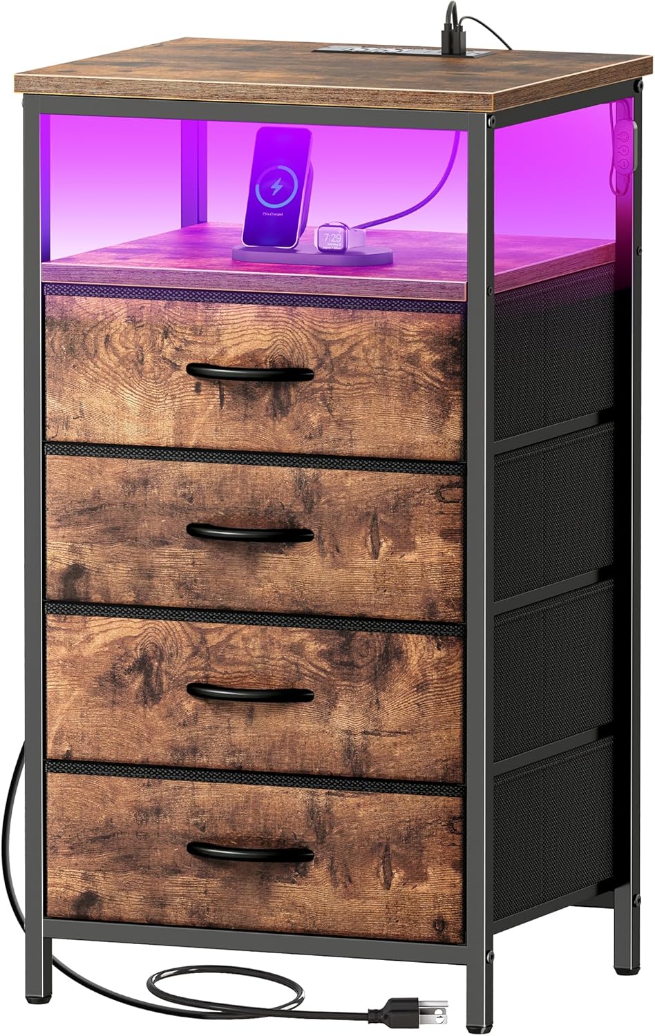 Huuger Night Stand with Charger Station and LED Lights for Bedroom