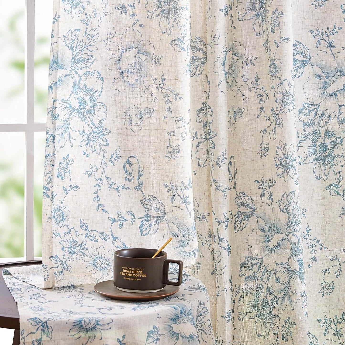 Floral Linen Blend Curtains for Living Room and Bedroom Decor