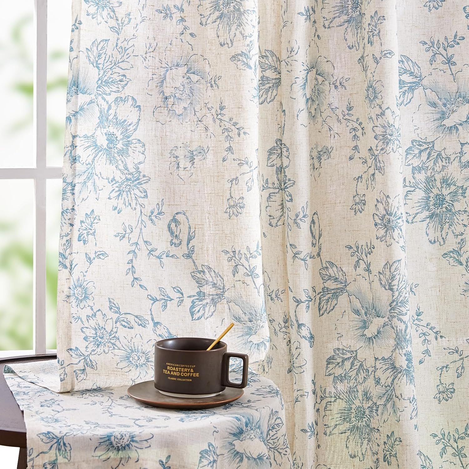 Floral Linen Blend Curtains for Living Room and Bedroom Decor