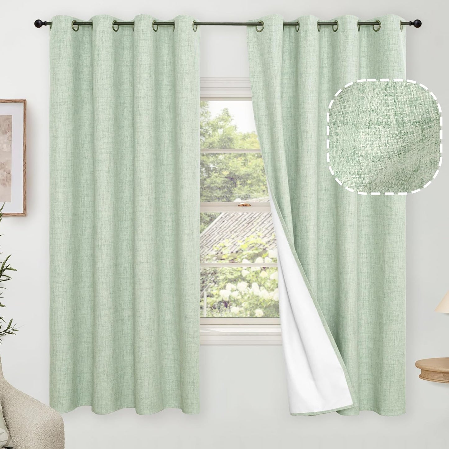 Sage Green Blackout Curtains for Bedroom - Linen Drapes 63 Inch