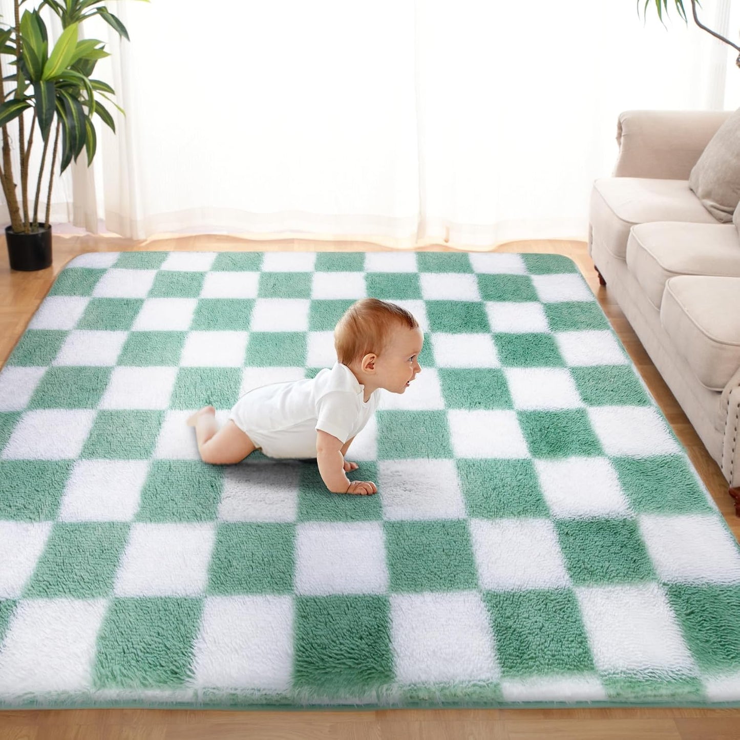 Super Soft Rug for Bedroom, 8x10 ft Sage Green Checkered