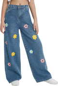 EXARUS Girls Wide Leg Jeans Ripped High Waist Casual Denim Pants