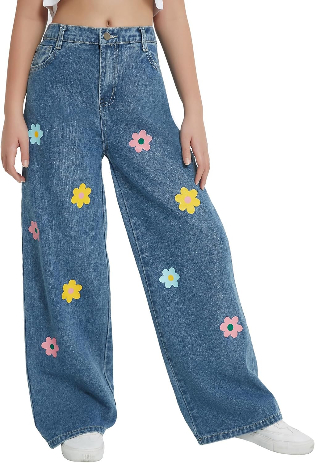 EXARUS Girls Wide Leg Jeans Ripped High Waist Casual Denim Pants