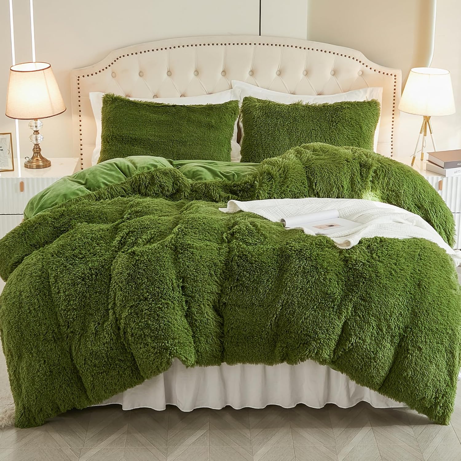 EMME Luxury Green Fuzzy Duvet Cover Set for Cozy Comfort