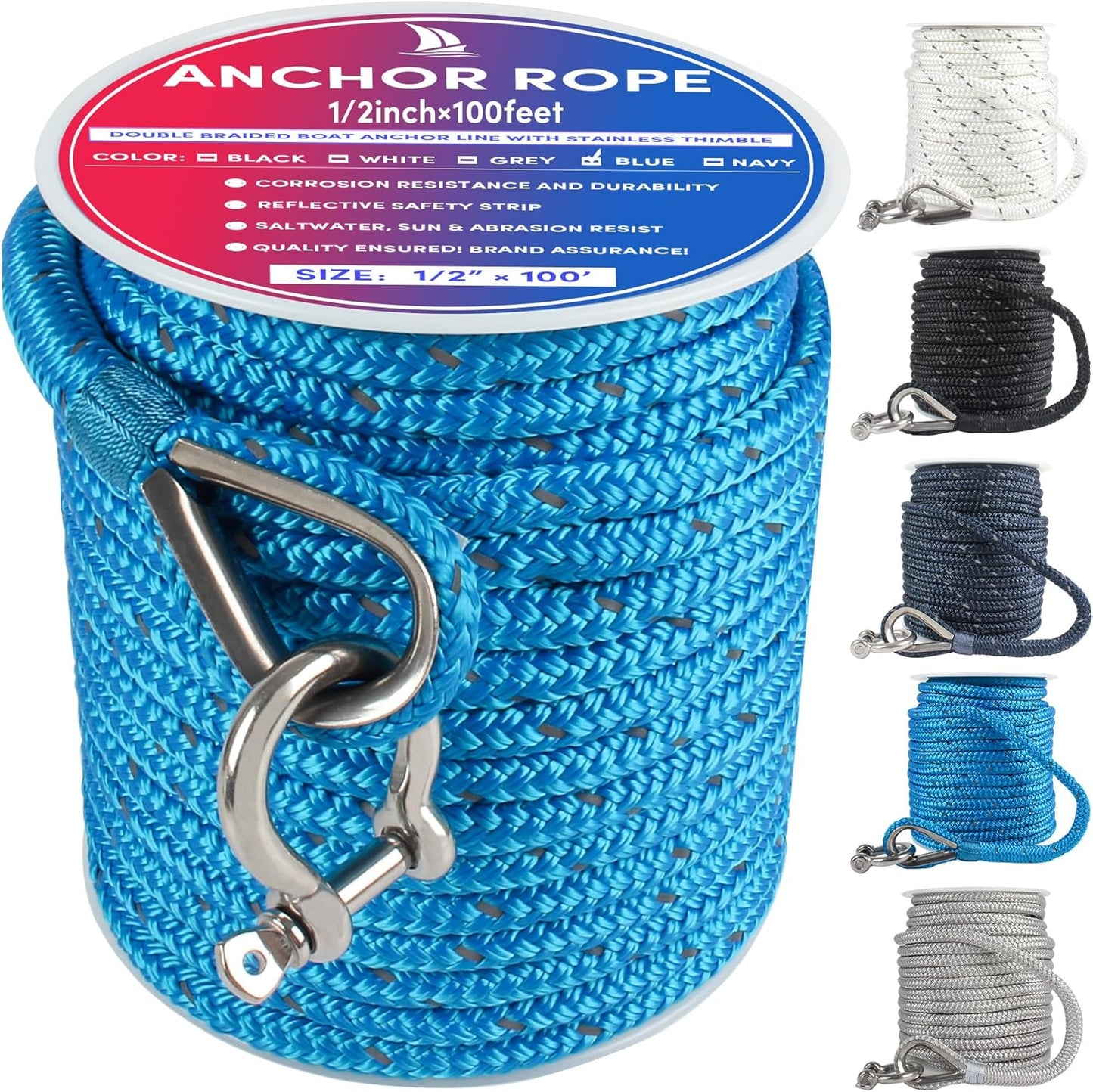 Double Braided Anchor Rope 100 ft x 1/2 inch for Boats