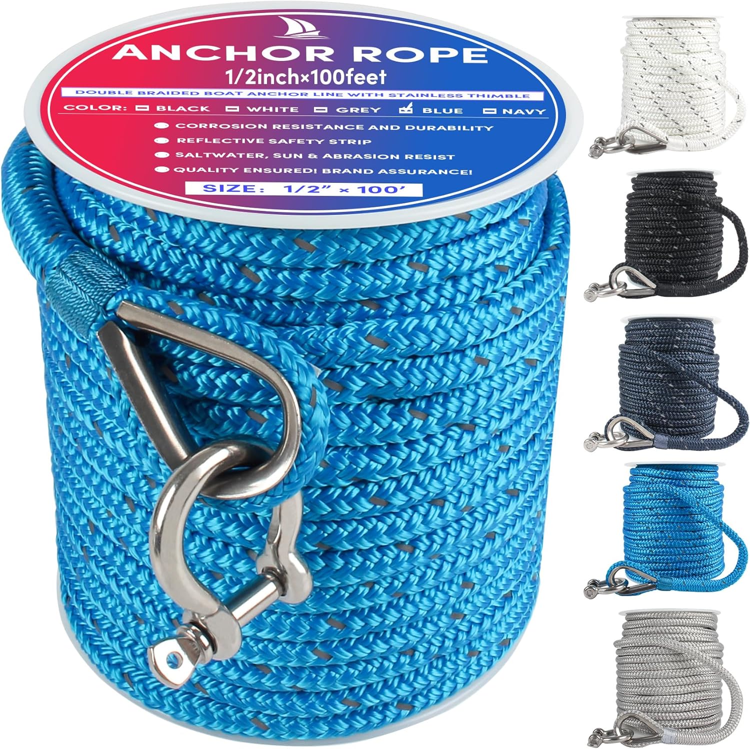 Double Braided Anchor Rope 100 ft x 1/2 inch for Boats