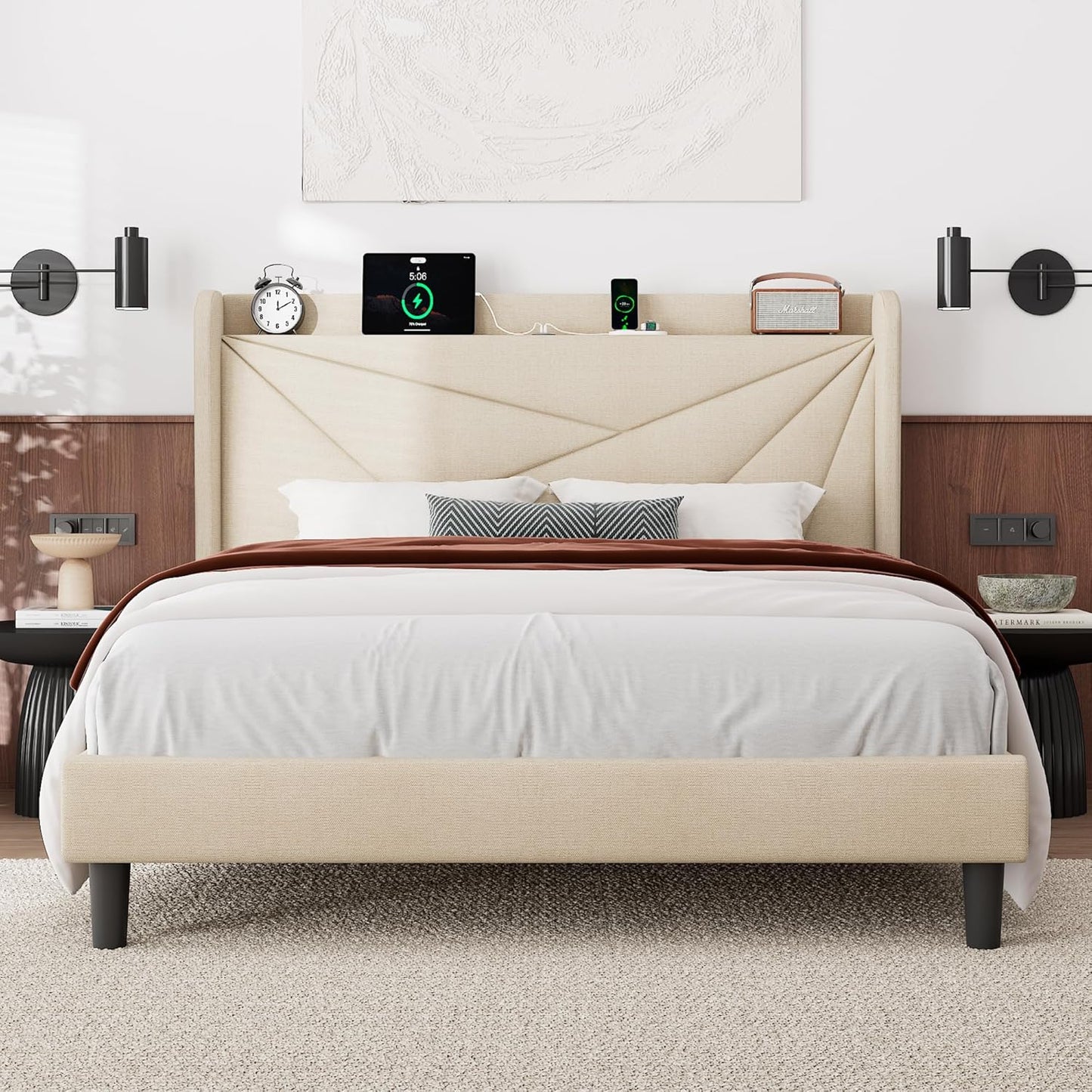 Feonase Queen Size Bed Frame with Charging Station and Storage