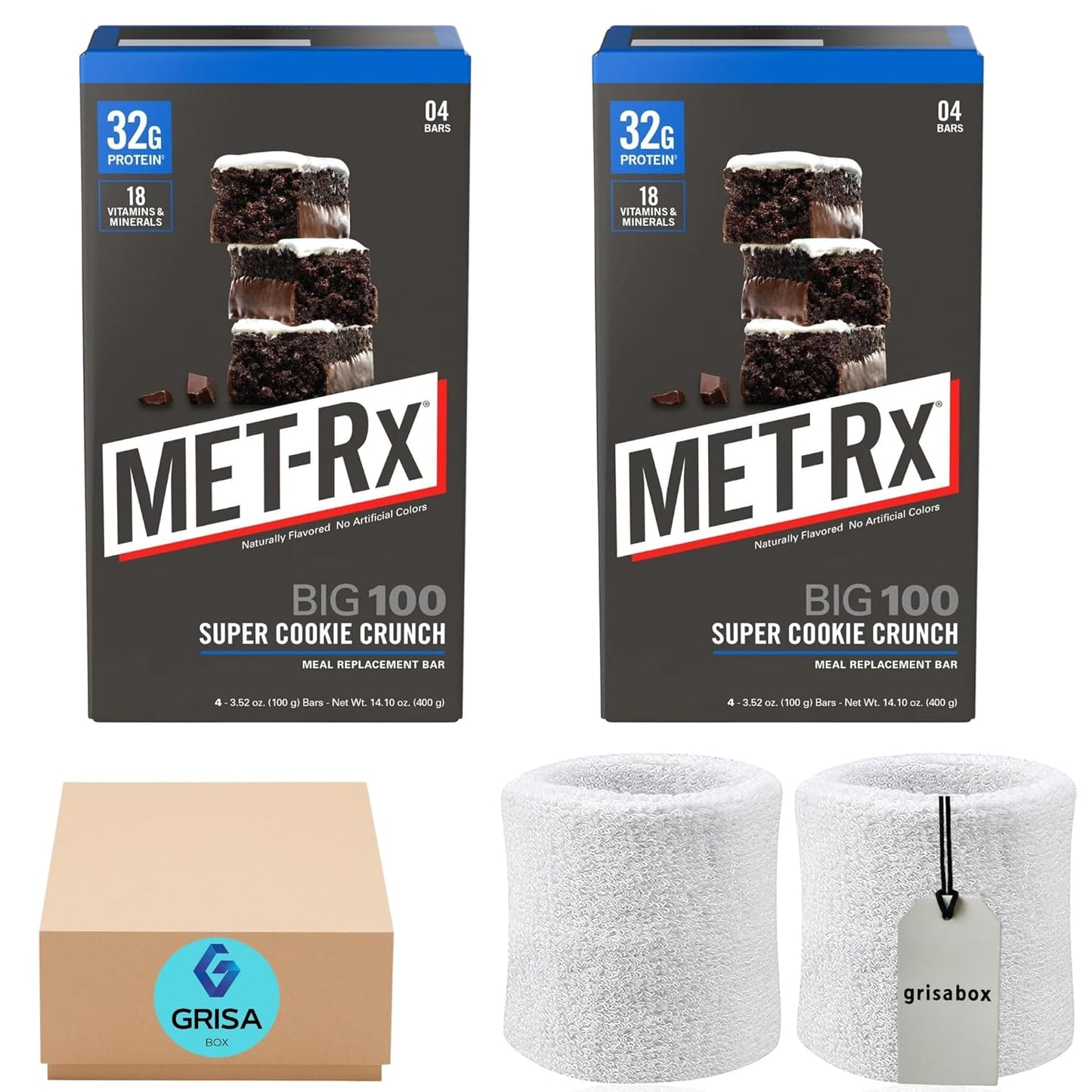 MET RX Big 100 Protein Bars 16 Bars Total, Super Cookie Crunch, Meal Replacement +GrisaBox