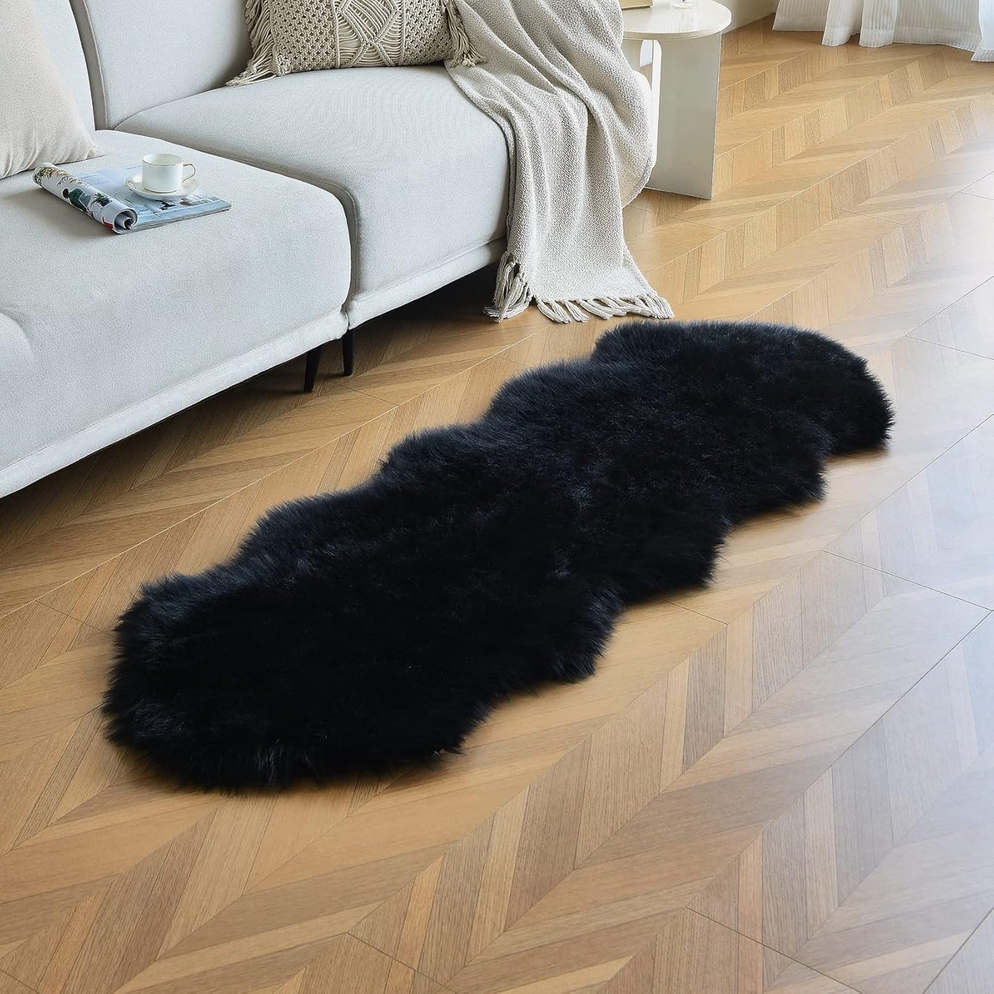 Black Faux Sheepskin Runner Rug 2x6 ft for Cozy Home Decor