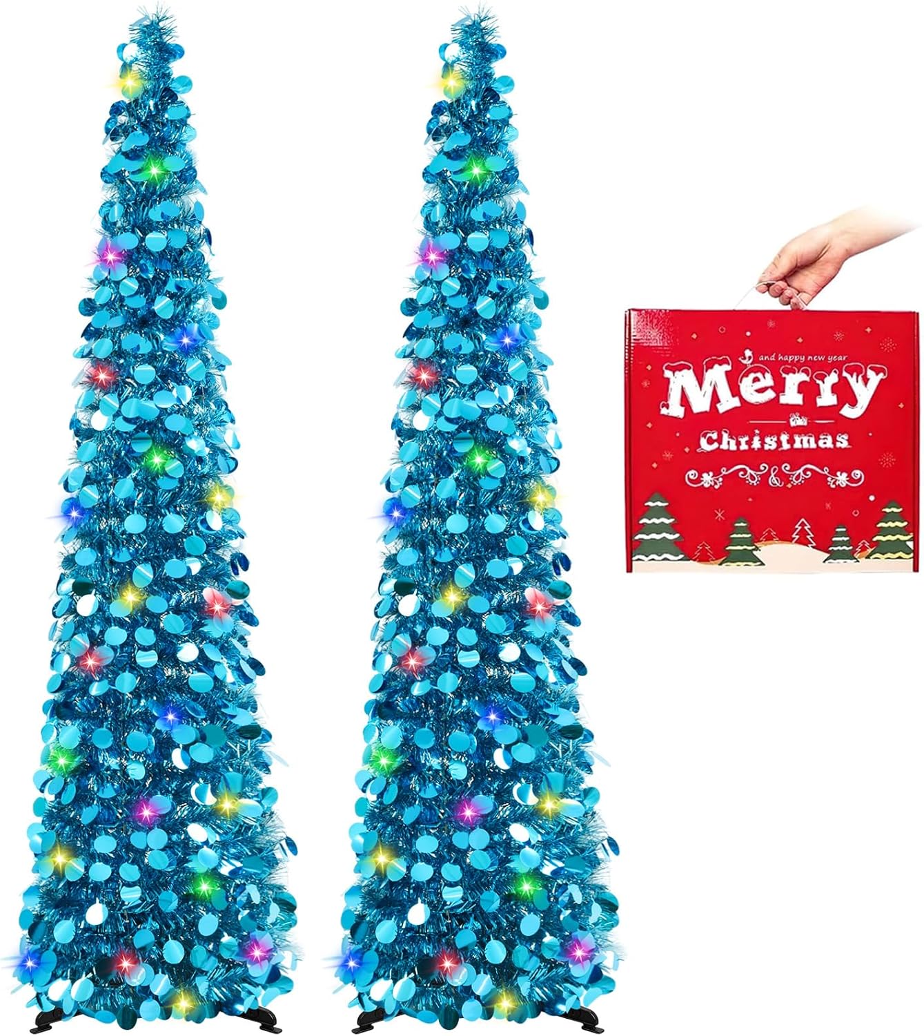 Pop Up Christmas Tree with Lights - 5FT Tinsel Tree for Decor