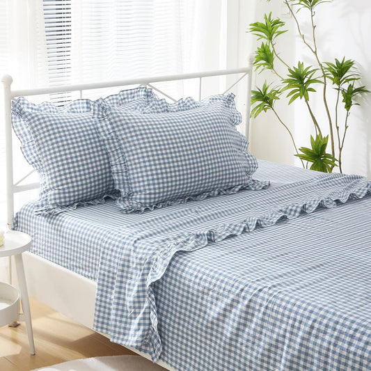 Dust Blue White Plaid Ruffle Sheets Queen Size 4-Piece Set