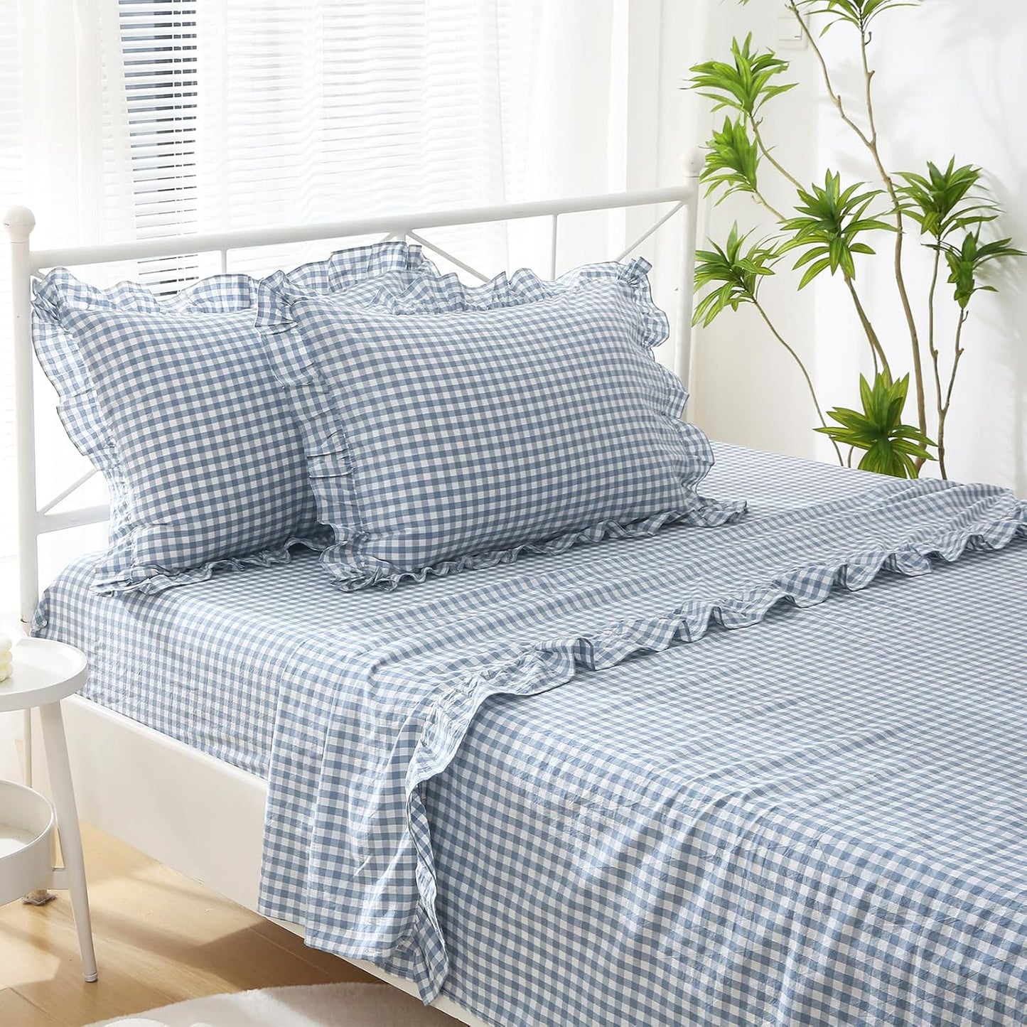 Dust Blue White Plaid Ruffle Gingham Sheets Full Size Set