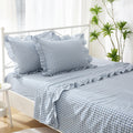 Dust Blue White Plaid Ruffle Sheets Twin Size 4-Piece Set - Soft